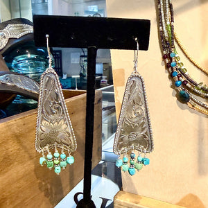 silver, engraved, turquoise earring