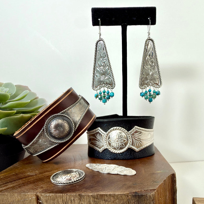 silver, engraved, turquoise earring