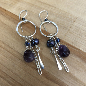 Amethyst, dangly,  earrings, gift, sterling, silver, jewelry, handmade, forged