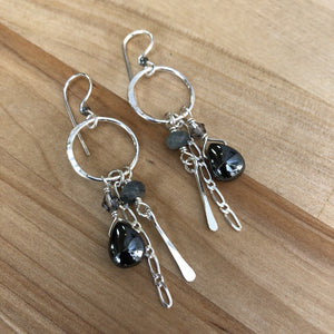 hematite, dangly, earrings, gift, sterling, silver, jewelry, handmade, forged