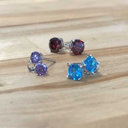 CZ Studs- 4 Claw, Birthstone Colors